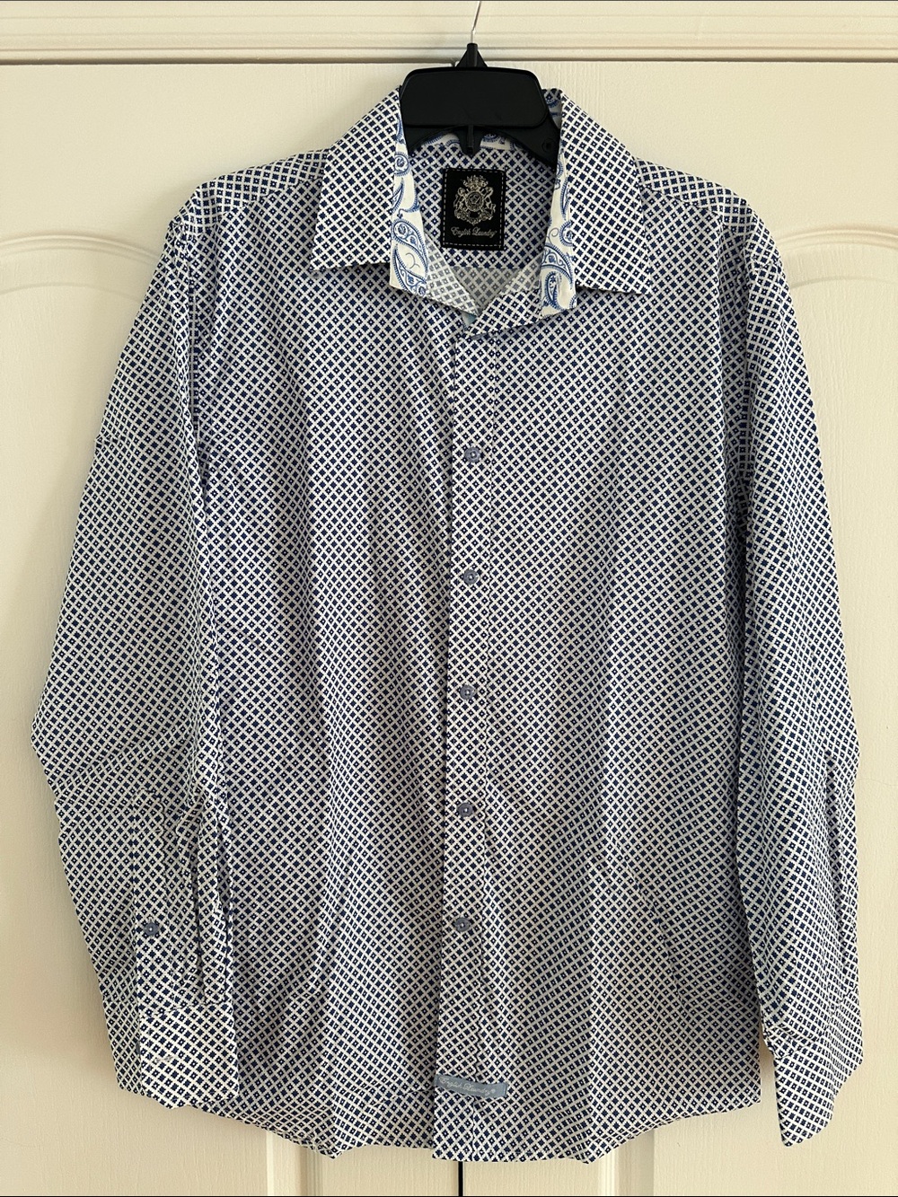English Laundry Men's White and Navy Geometric Dress Shirt